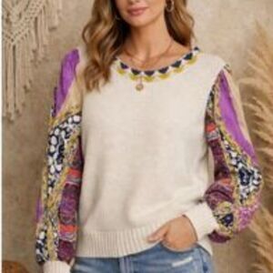Fate Cream Sweater with Purple and Gold Puff Sleeves